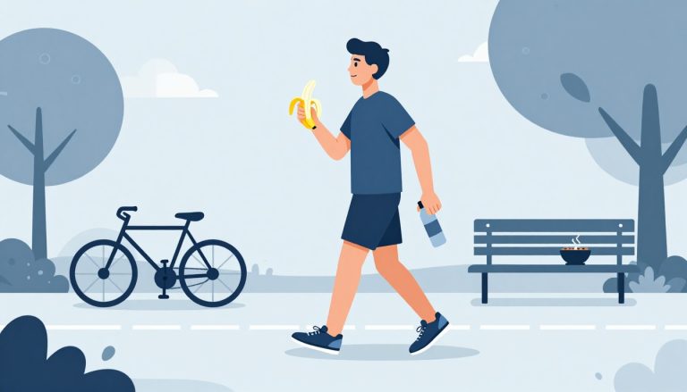Une coureuse lace ses chaussures avec une banane et une bouteille d’eau dans un parc.