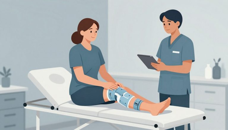 Une femme portant une genouillère échange avec un kinésithérapeute en consultation.