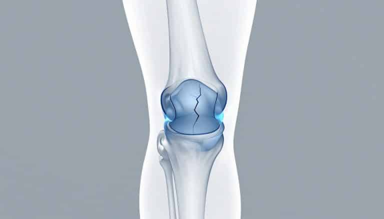 Illustration d’un genou montrant une fissure bleue dans le ménisque.