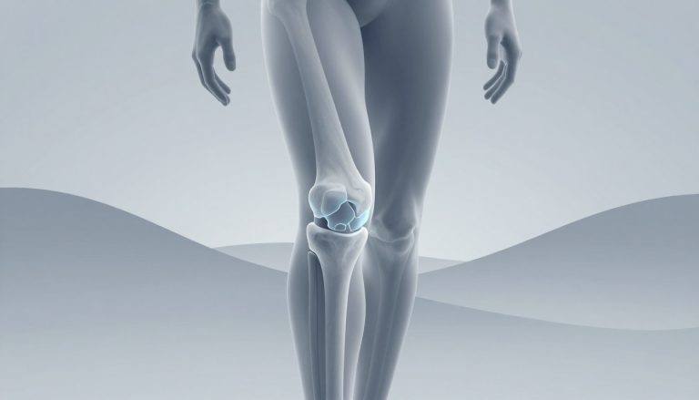 Illustration anatomique d’un genou montrant les os, le cartilage et les ligaments.