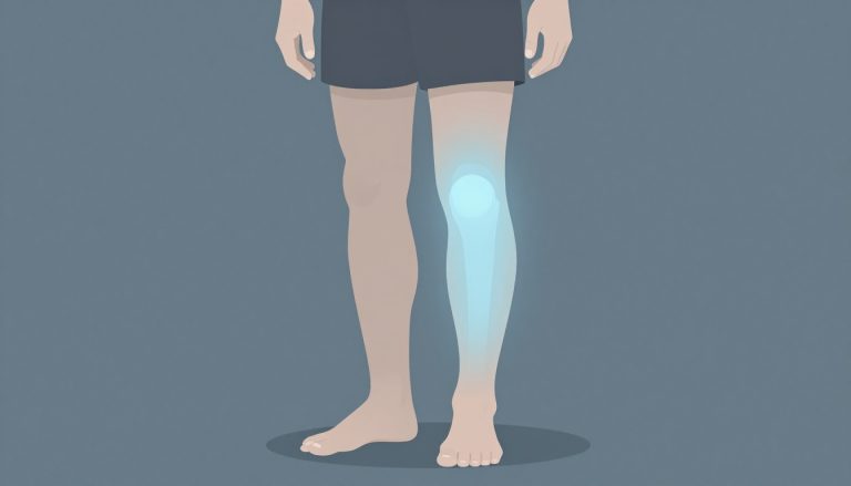 Une silhouette debout montre un genou droit marqué par une lueur bleutée.
