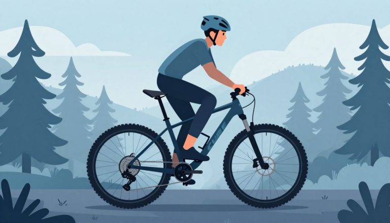 Un cycliste casqué roule sur un VTT Cube noir au milieu d’une forêt brumeuse.