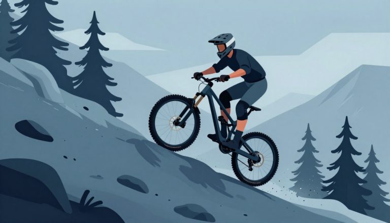 Un vététiste en tenue DH saute sur un sentier rocheux bordé de pins.