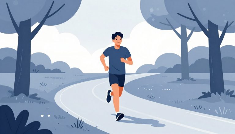 Un coureur souriant avance sur un sentier bordé d’arbres.
