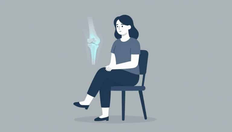 Une femme assise touche son genou devant un schéma anatomique lumineux.