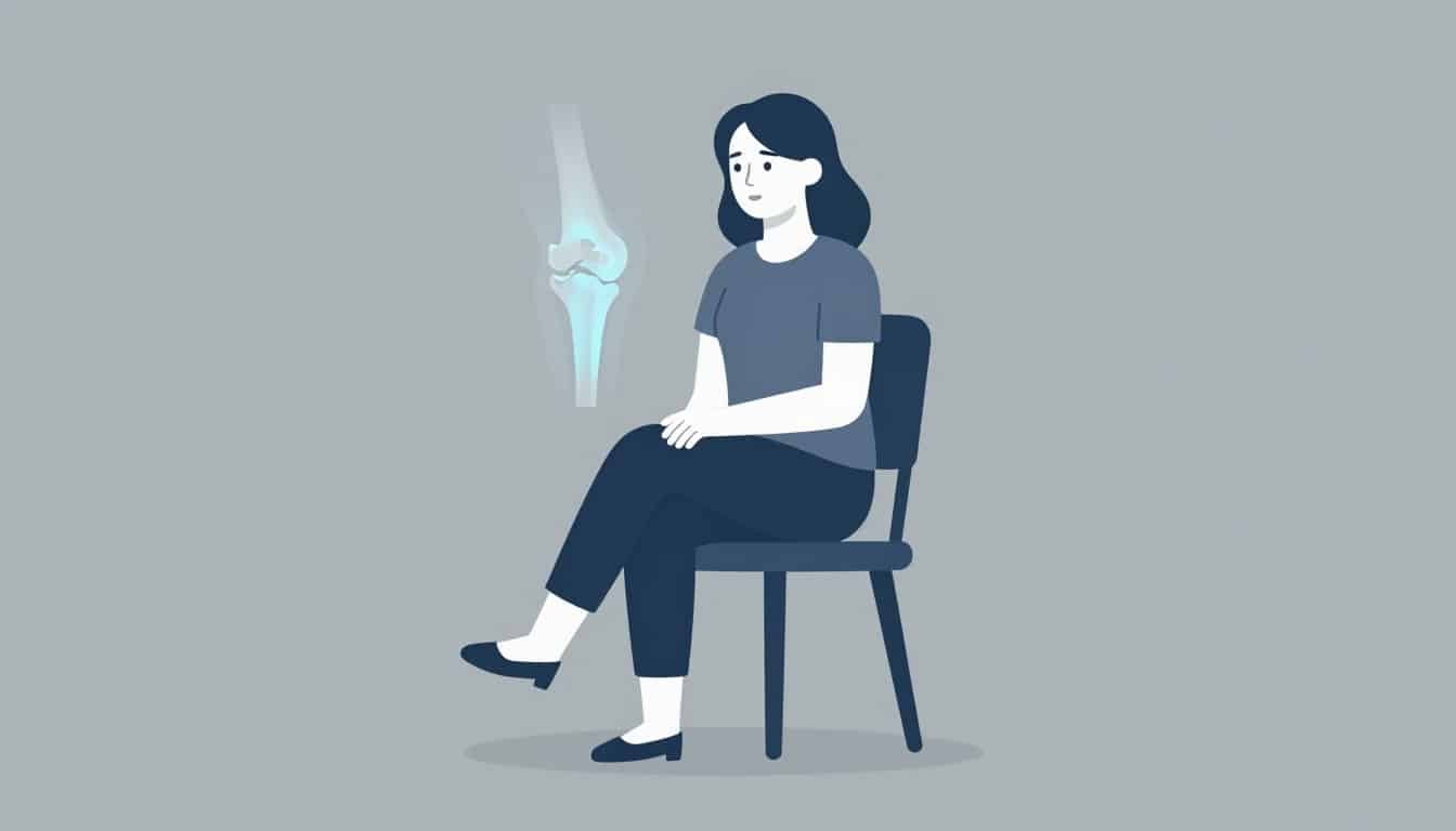Une femme assise touche son genou devant un schéma anatomique lumineux.