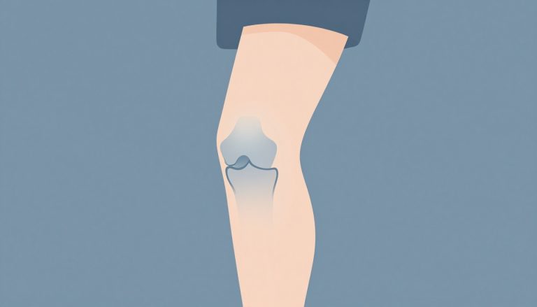 Illustration d’un genou gauche avec une lueur bleutée indiquant une douleur.