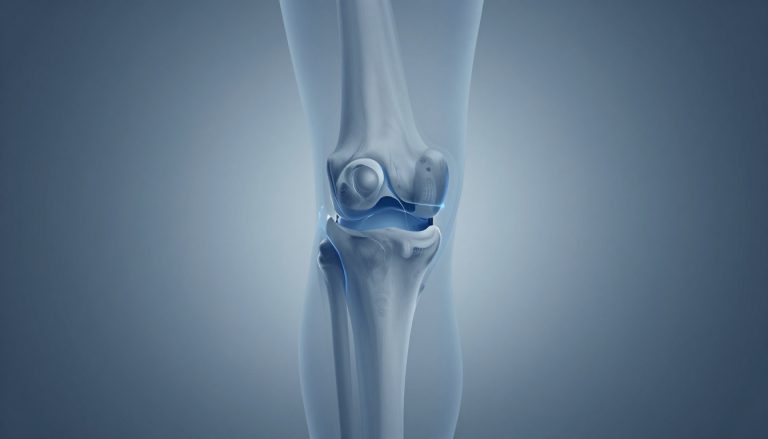 Illustration d’un genou avec la rotule et les ligaments soulignés en bleu.
