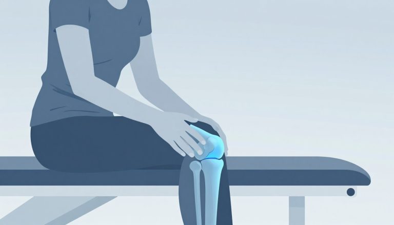 Femme posant la main sur un genou illustré avec ses ligaments visibles.