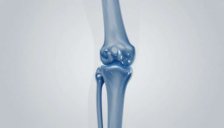 Illustration latérale d’un genou avec cartilage bleu et dépôts cristallins dans l’articulation.