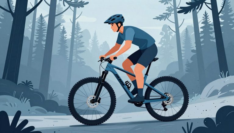 Un vététiste descend un sentier forestier sur un vélo tout suspendu.