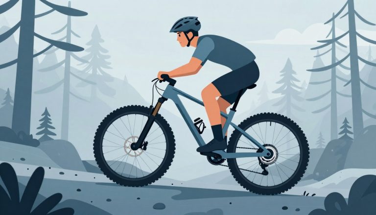 Un vététiste casqué roule sur un vélo tout-suspendu, sur un sentier rocheux bordé de pins.
