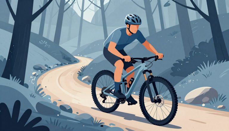 Un vététiste en bleu roule sur un sentier forestier entre montée et descente rocheuse.