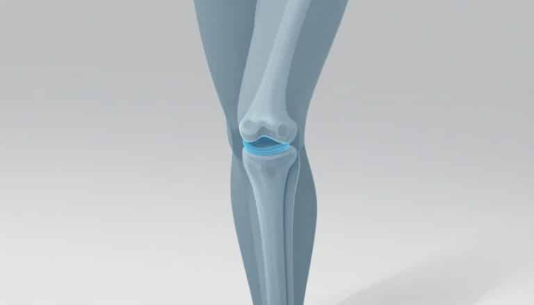 Un genou légèrement fléchi montre un cartilage aminci avec une zone bleu-gris.