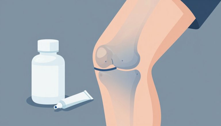 Articulation du genou usée avec un flacon de comprimés et un tube de gel.