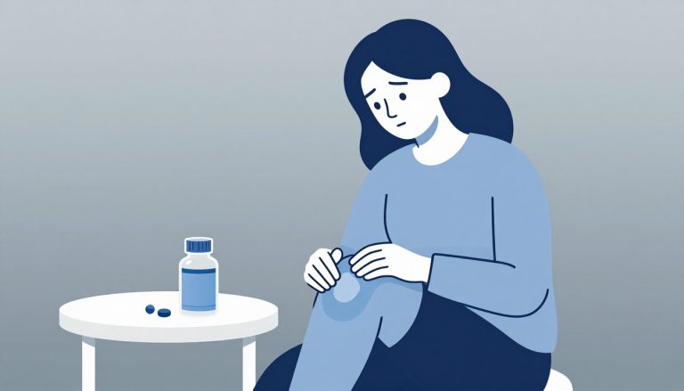 Une femme tient son genou droit près d’un flacon de gel et de comprimés.