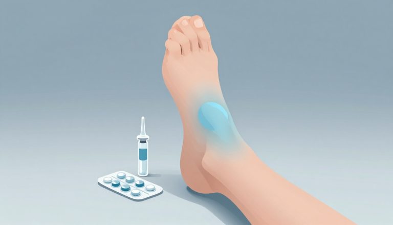 Genou légèrement gonflé avec tube de gel et plaquette de comprimés.