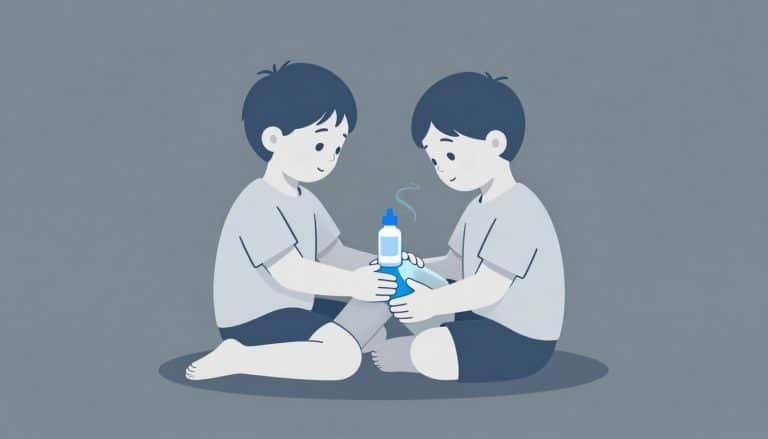 Une enfant assise tient son genou droit marqué en bleu, avec un flacon médical à côté.