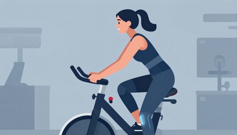 Une sportive pédale doucement sur un vélo, genou droit souligné de bleu.