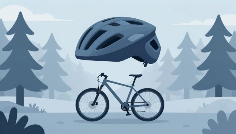Un casque de VTT bleu sur un support métallique, avec un vélo et des pins en arrière-plan.