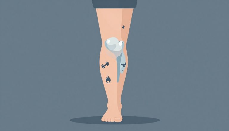 Une jambe de face montre un genou droit légèrement gonflé entouré de symboles médicaux.