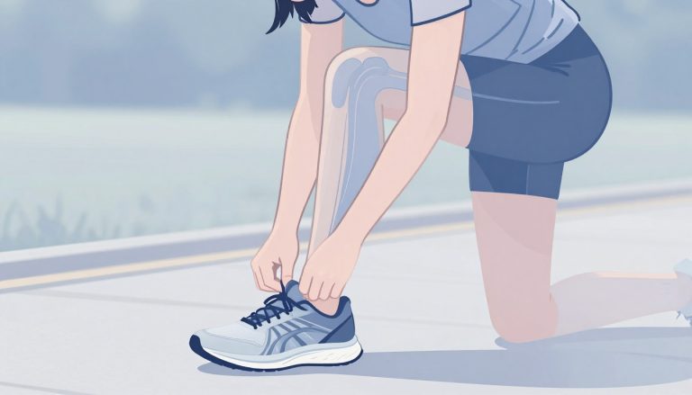 Une coureuse lace sa chaussure, avec la bandelette ilio-tibiale soulignée sur la cuisse.