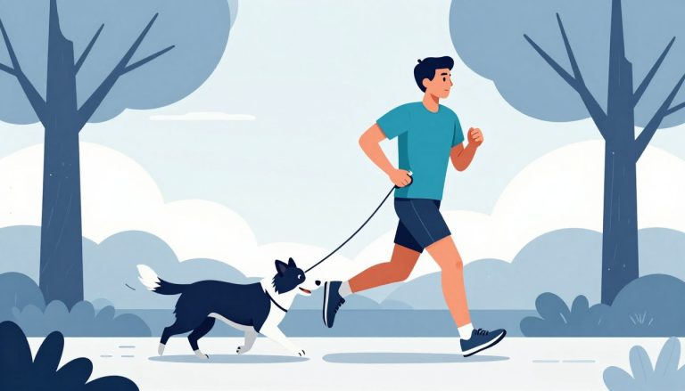 Un coureur et un border collie courent ensemble sur un chemin bordé d’arbres.