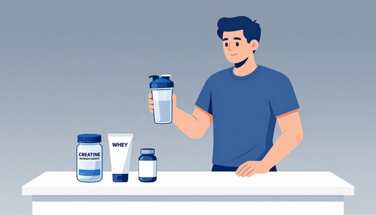 Un sportif tient un shaker devant trois compléments alimentaires sur un comptoir blanc.