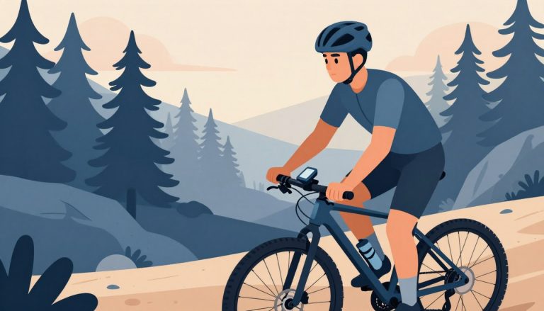 Un VTT équipé d’un compteur GPS sur un sentier forestier au lever du soleil.