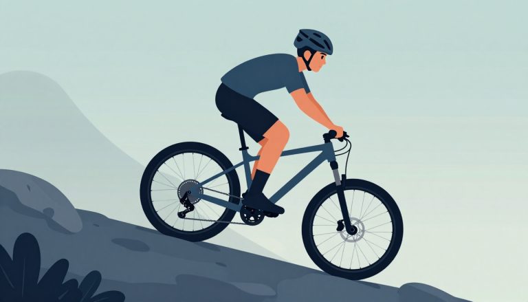 Un vététiste examine le dérailleur arrière de son vélo sur un sentier rocheux.