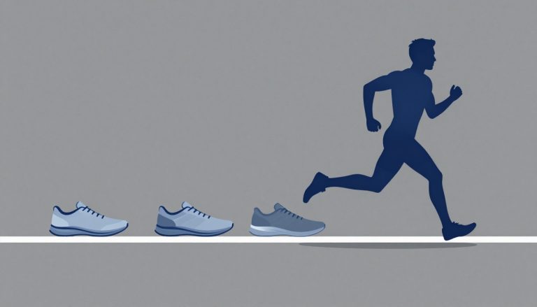 Trois chaussures de course montrent des hauteurs de talon différentes devant un coureur bleu.