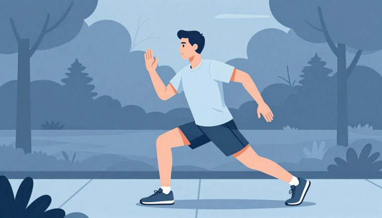 Un coureur étire une jambe sur un chemin au lever du soleil.