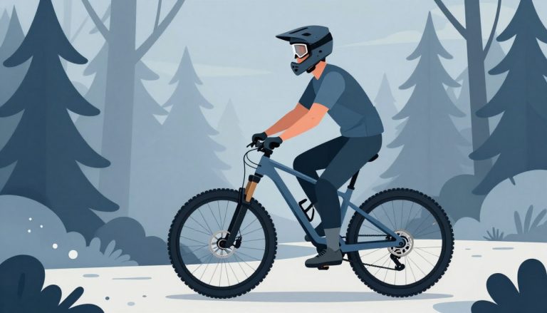 Un vététiste équipé se tient à côté d’un vélo sur un sentier forestier.