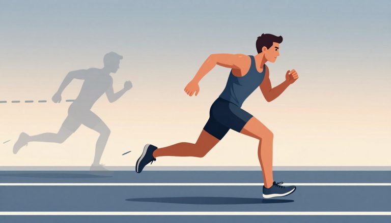 Un coureur sprinte sur une piste, suivi d’une silhouette représentant la récupération.