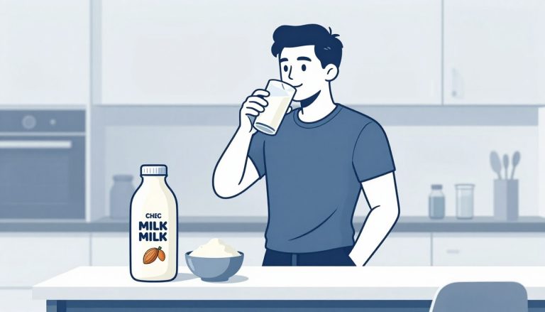 Un homme boit du lait, entouré d’une bouteille, d’une boisson aux amandes et de protéines.