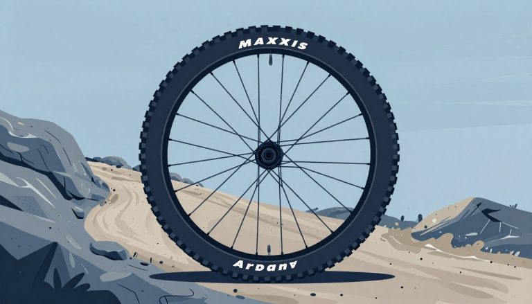 Roue de VTT avec pneu Maxxis Ardent entre sentier sec et chemin boueux.