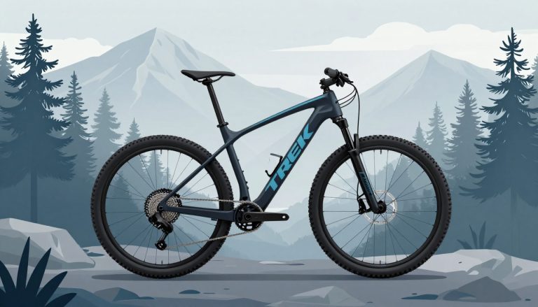 Un VTT noir repose sur un sentier rocheux, devant une forêt de pins et des montagnes brumeuses.