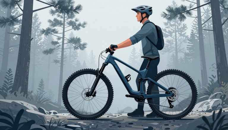 Un VTT électrique noir sur un sentier rocheux, avec un cycliste devant des pins brumeux.