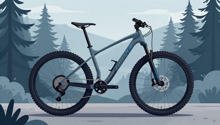 Un VTT gris et bleu posé sur un sentier forestier, entre des pins et des collines brumeuses.
