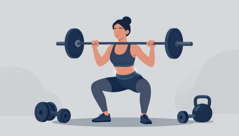 Une athlète réalise un squat avec une barre, entourée d’haltères et d’un kettlebell.