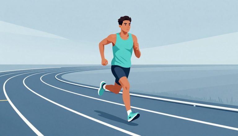 Un coureur en tenue turquoise avance sur une piste d’athlétisme.