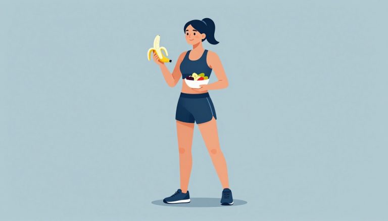 Une coureuse tient une banane pelée et un bol de fruits variés.