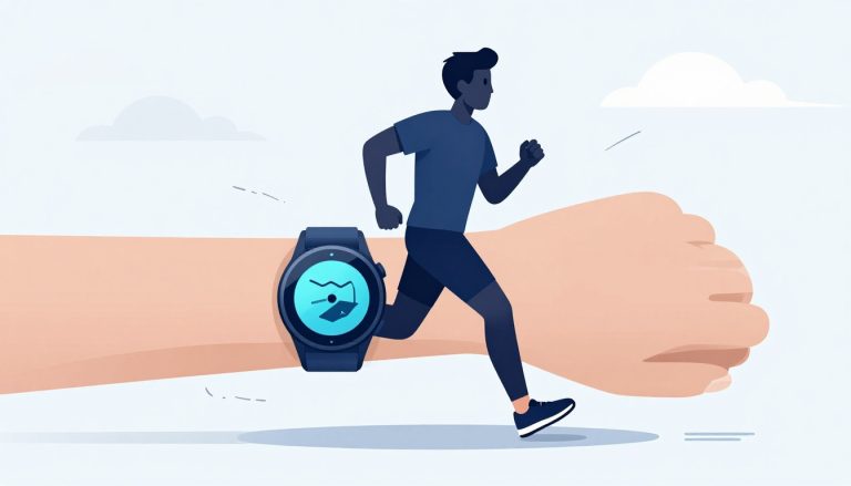Un coureur porte une montre GPS bleue sur un chemin de parc.
