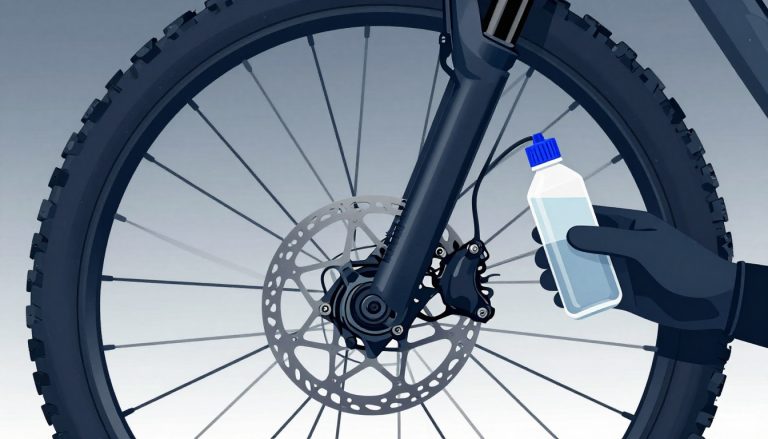Une main gantée tient une bouteille de liquide de frein près d’un étrier hydraulique de VTT.