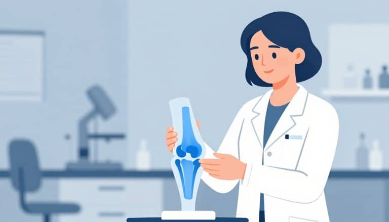 Une médecin tient un modèle de genou bleu dans une salle de consultation.