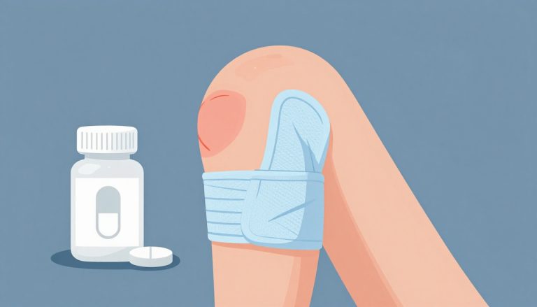Un genou gauche gonflé, bandé, avec un flacon et un comprimé d’ibuprofène.