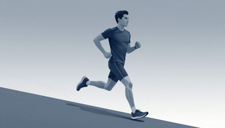 Coureur en montée avec les principaux muscles des jambes surlignés en bleu.