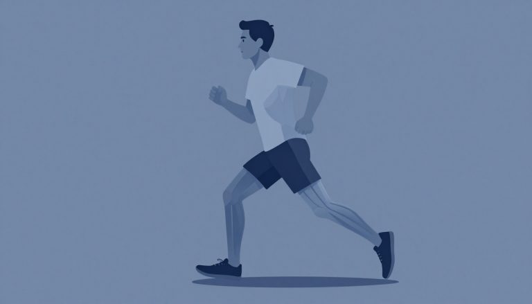 Coureur de profil avec les principaux muscles des jambes mis en évidence en bleu.