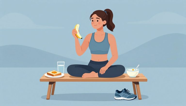 Une coureuse tient une banane et une tartine au miel, avec du yaourt et de l’eau à ses côtés.