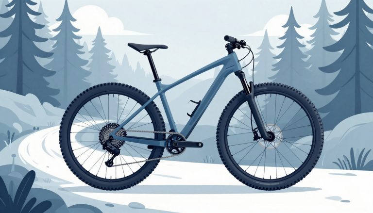Une roue de VTT avec un pneu à crampons sur un sentier forestier sec.